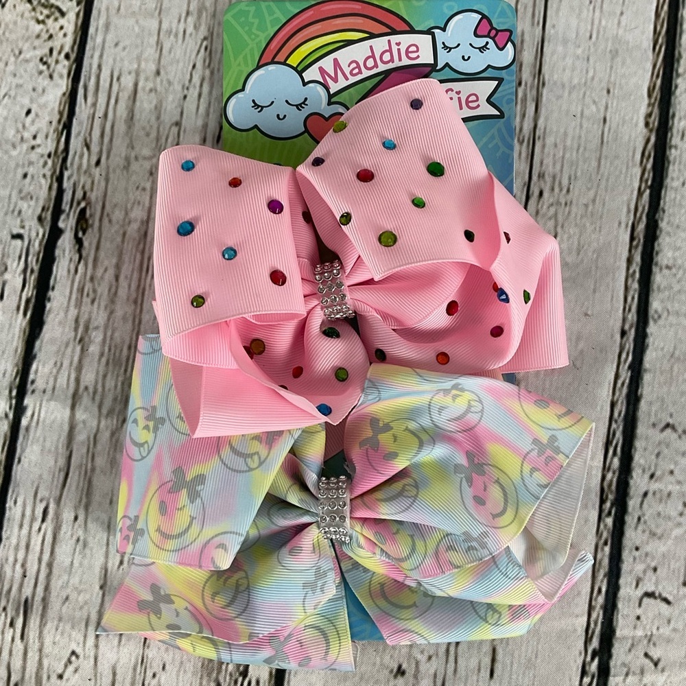 Maddie & Sophie XL Hairbows XLarge Paint Spatter Denim Look Cheer Bows Dazzles - Picture 2 of 4